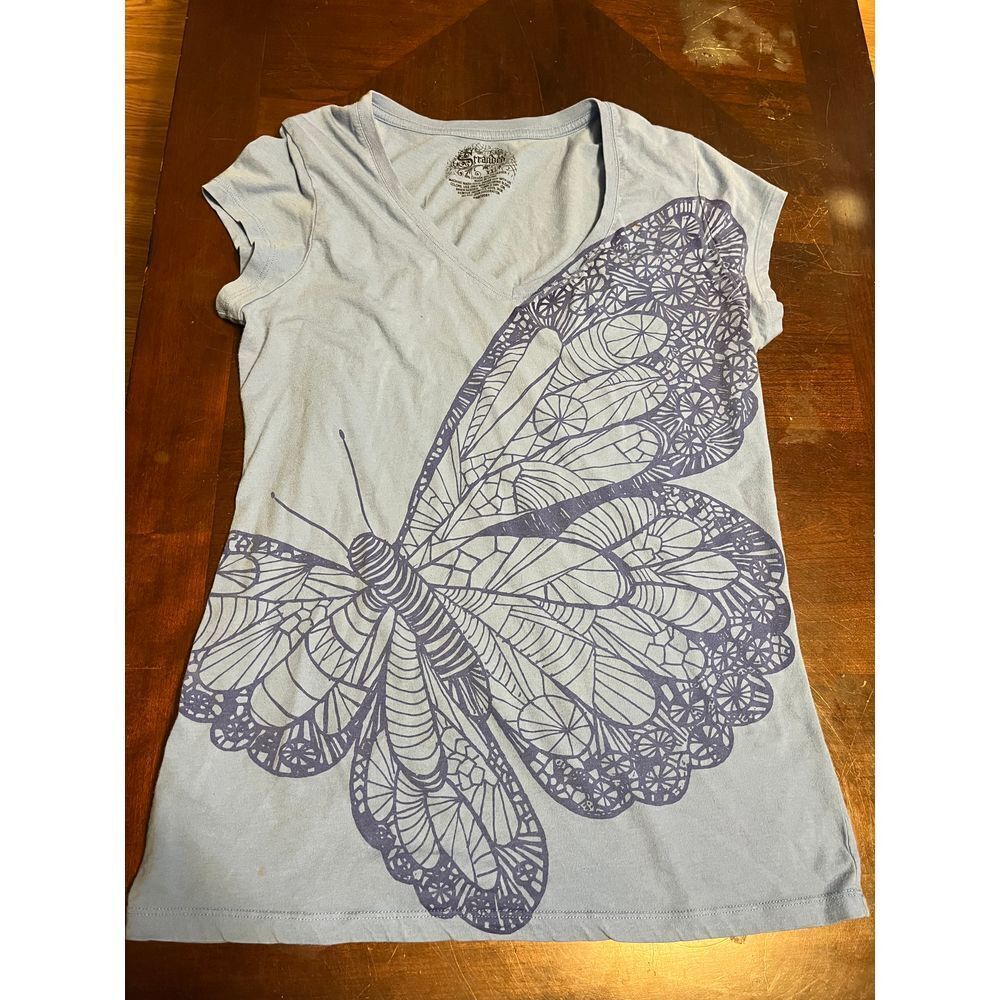 Stranded T Shirt Women's XXL 2XL blue butterfly Graphic Deep V-Neck Casual Tee